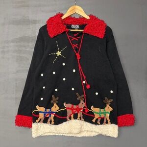 Vintage BEBEK  Ugly Christmas Sweater Women Large Reindeer Santa Sleigh Black